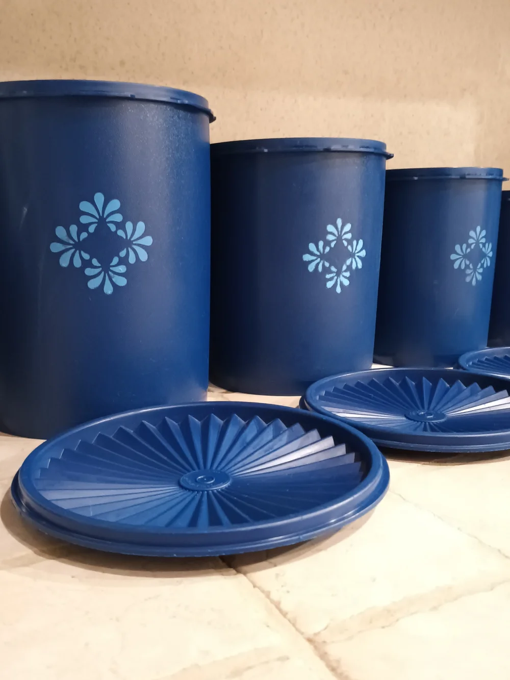 Vintage Tupperware Blue PlasticRetro Floral Canisters 4 Piece Set w/Lids.